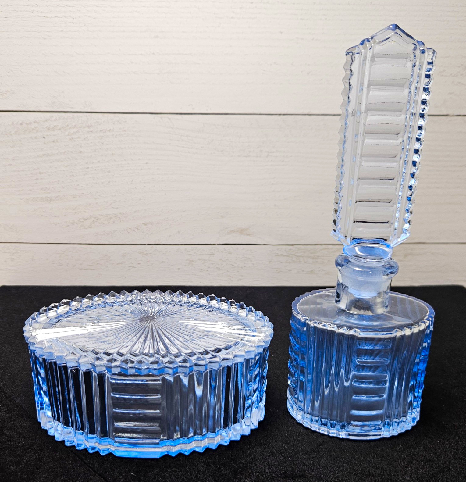 VTG 1930s Art Deco Czech Ice Blue Glass Perfume Bottle Stopper Lidded Powder Box