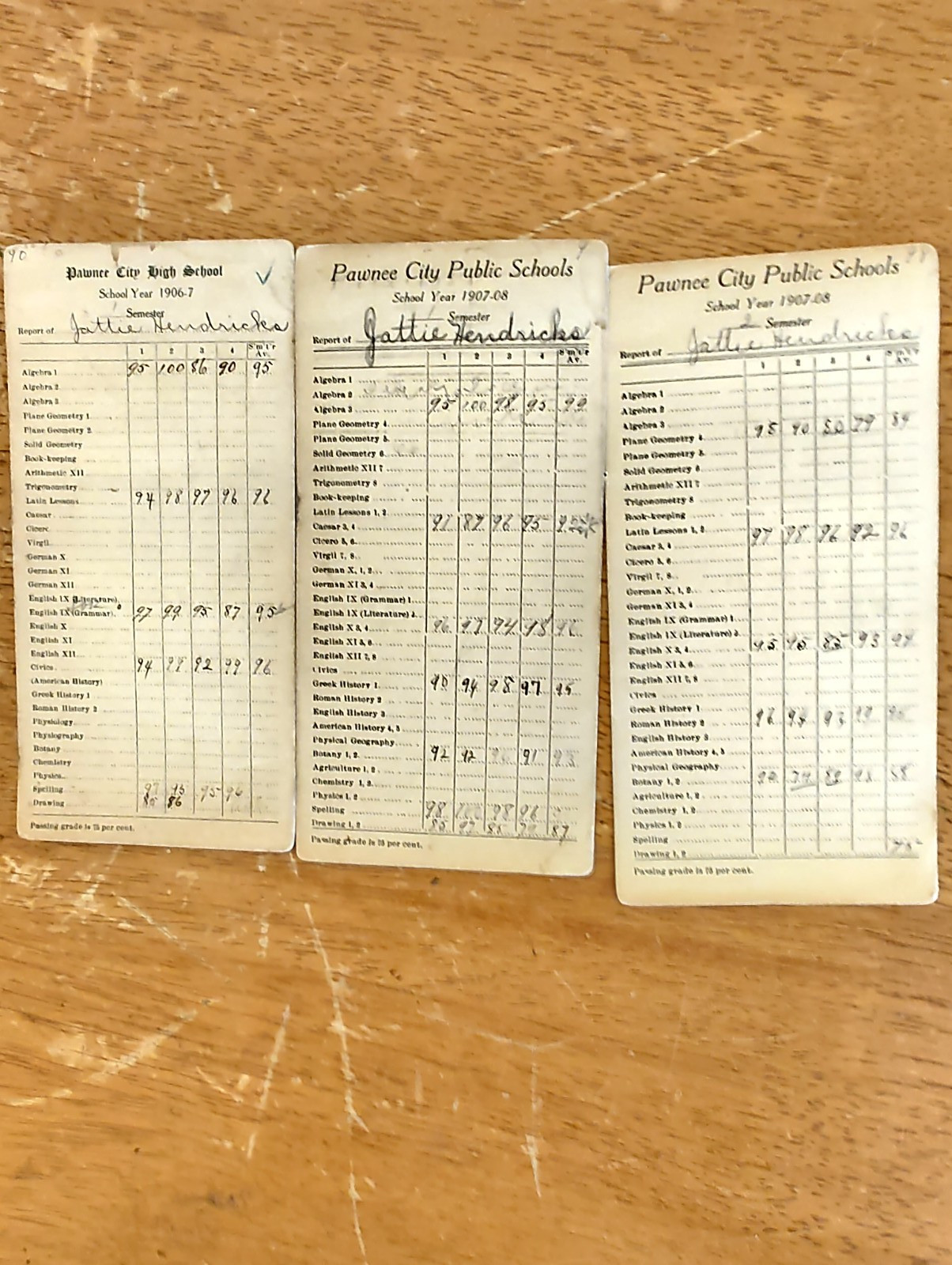 3 VINTAGE PAWNEE CITY PUBLIC SCHOOLS REPORT CARDS 1906 1907 1908