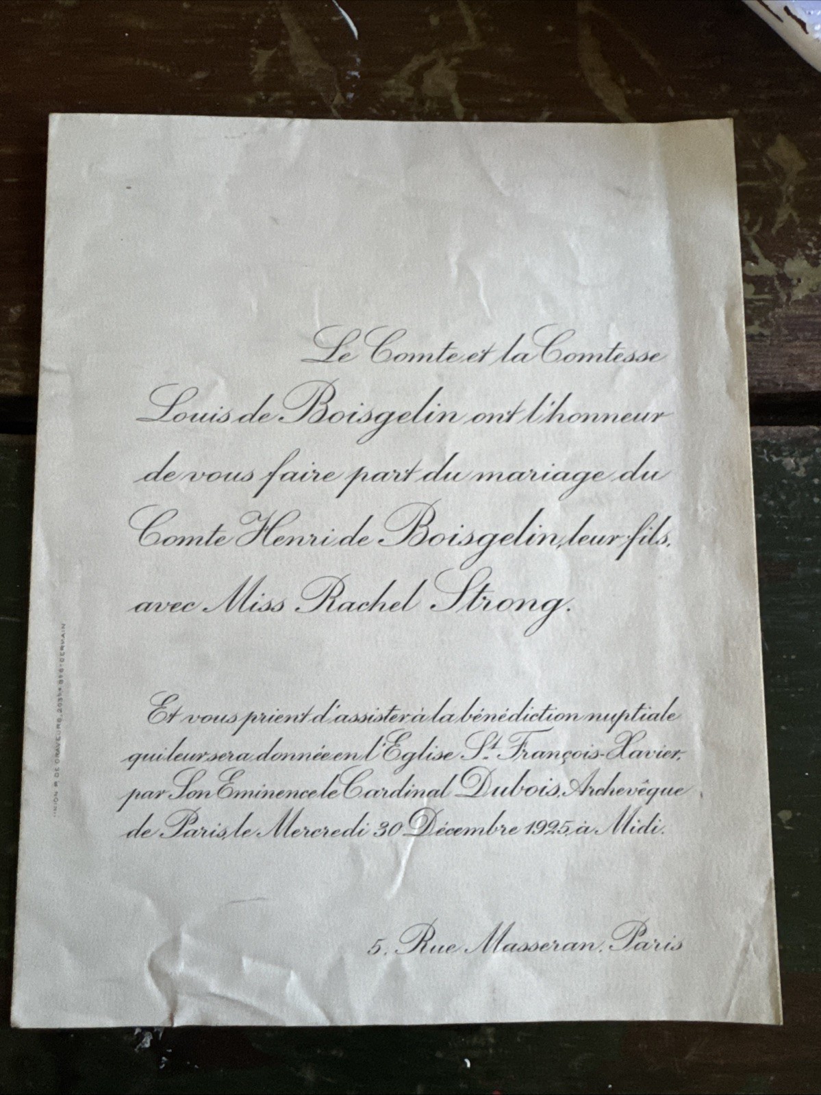 1925 French Wedding Invitation Antique Ephemera