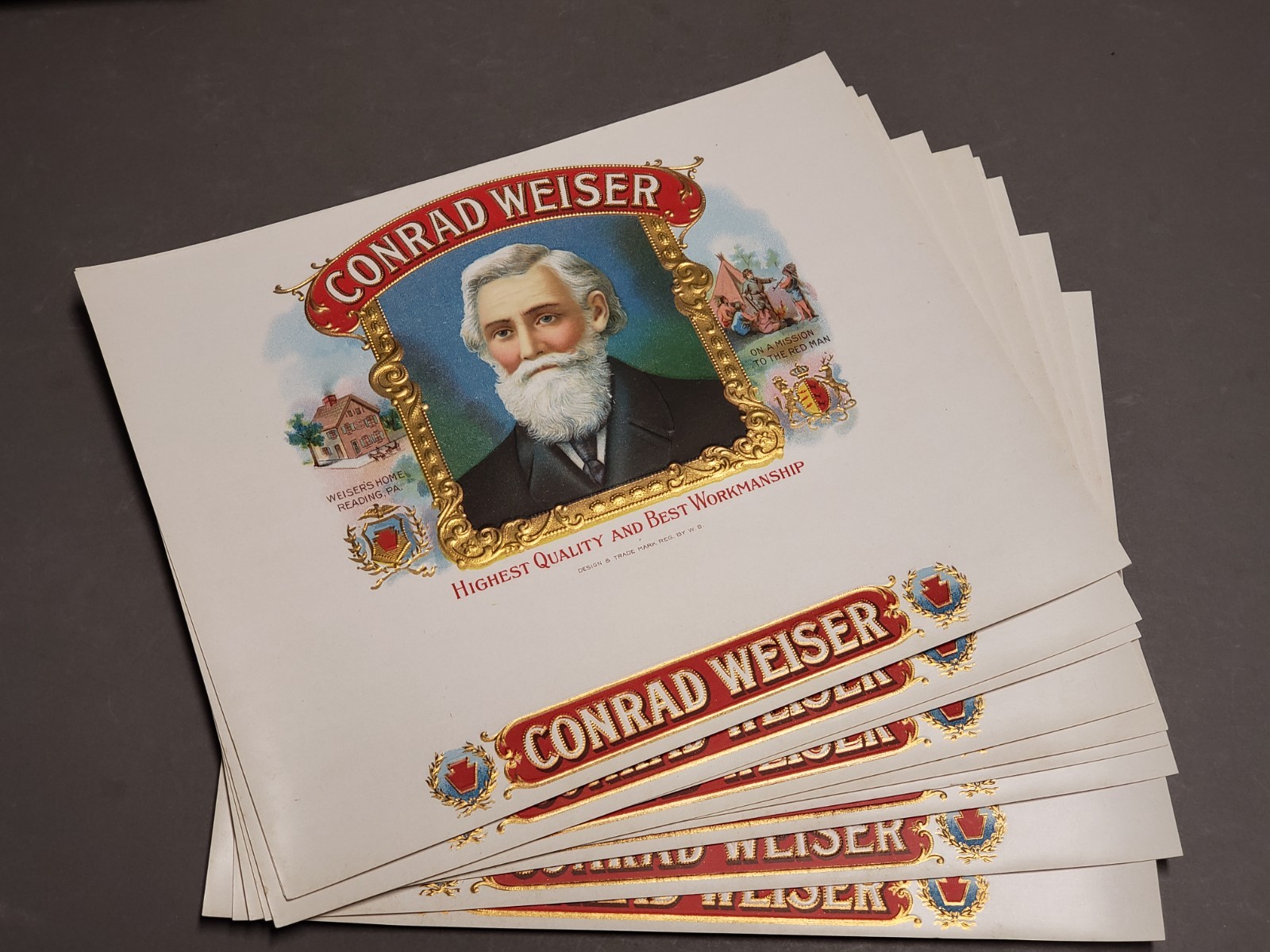 Vtg Lot of 10 Early 1900s Cigar Box Labels - CONRAD WEISER Embossed 9 1/2\