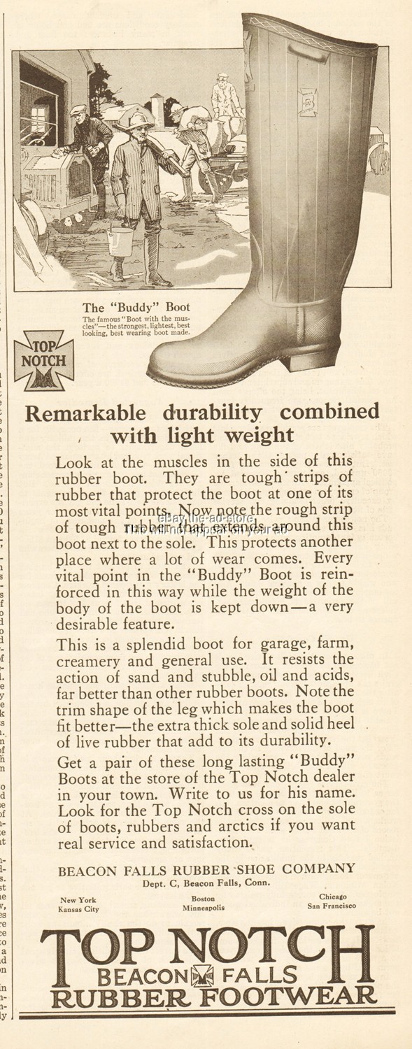 1921 Top Notch Beacon Falls Rubber Shoe CT Buddy Work Boot Vintage Footwear Ad