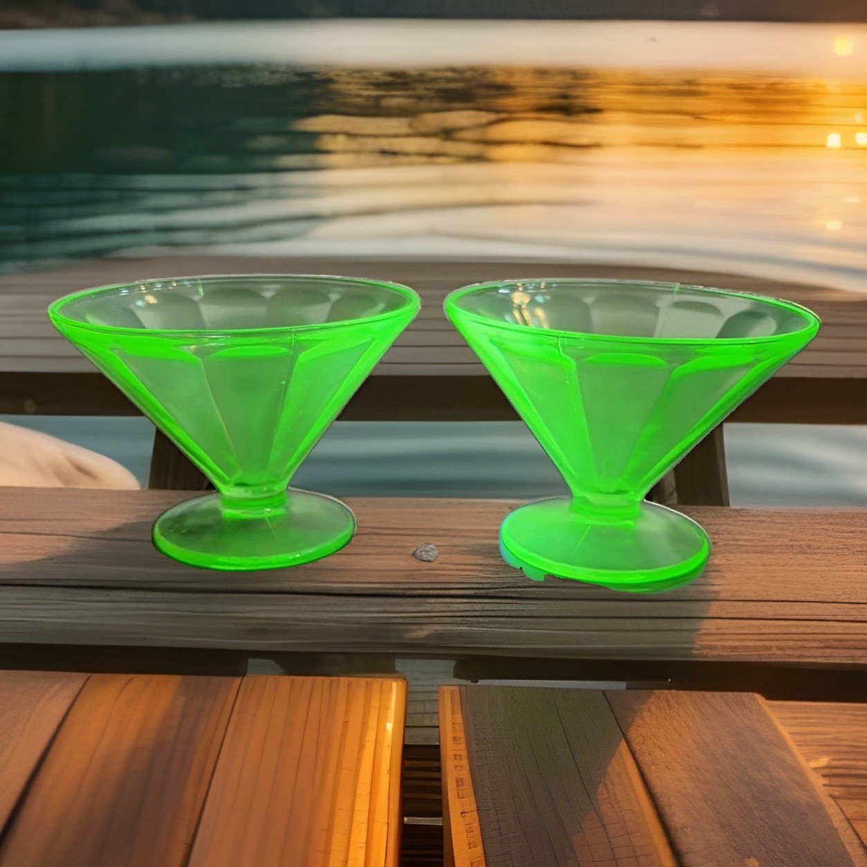 2 MCM Art Deco Federal Glass Impressed Logo Uranium Glow Sherbet/champagne Cups 2 MCM Art Deco Federal Glass Impressed Logo Uranium Glow Sherbet/champagne Cups