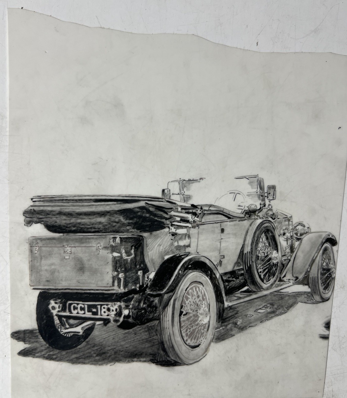 Original Vintage Rolls Royce Convertible Automobile Hand Drawn Pencil Artwork