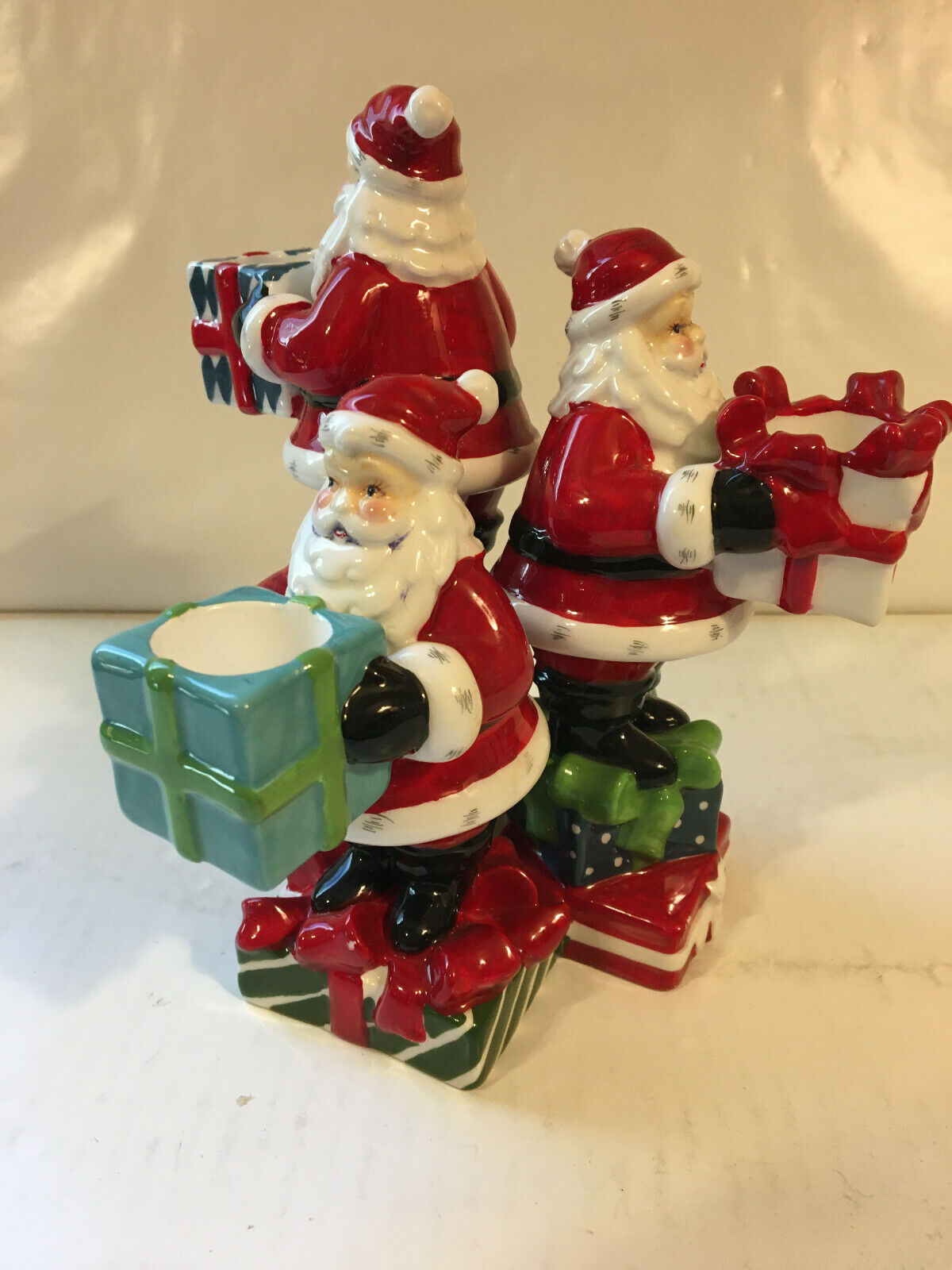 Santa Claus Triple Porcelain Candleabra, (3 Santa Candle Holder)