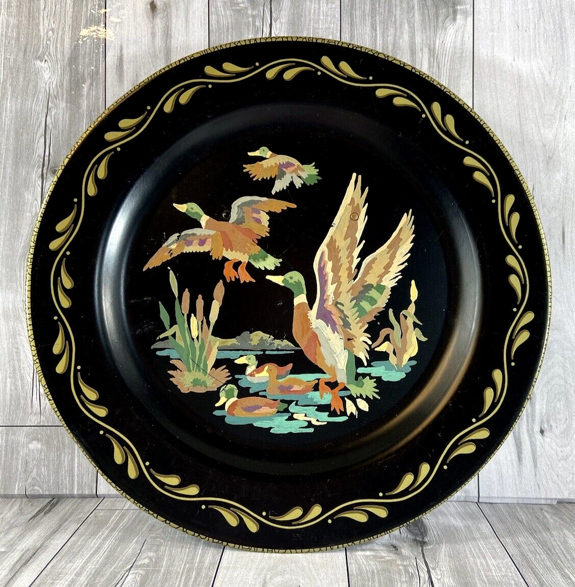 Vintage Mid-Century Paint by Number Metal Wall Pocket Plate Tin DUCKS