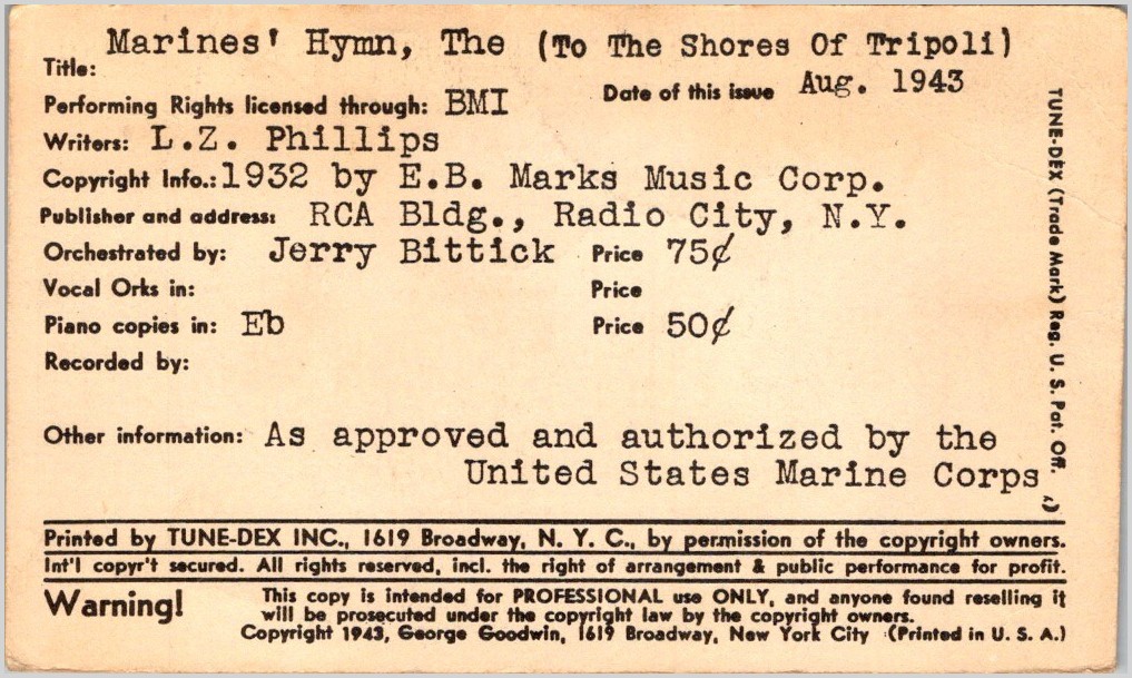 Tune-Dex Card Marines Hymn To Shores of Tripoli 1943 USMC Authorized WWII