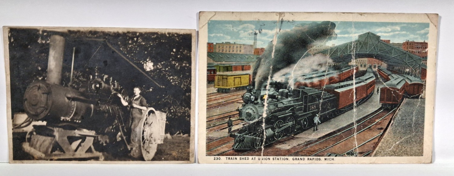 1932 Steam Train and tractor Union Station Grand Rapids Mich post card antique