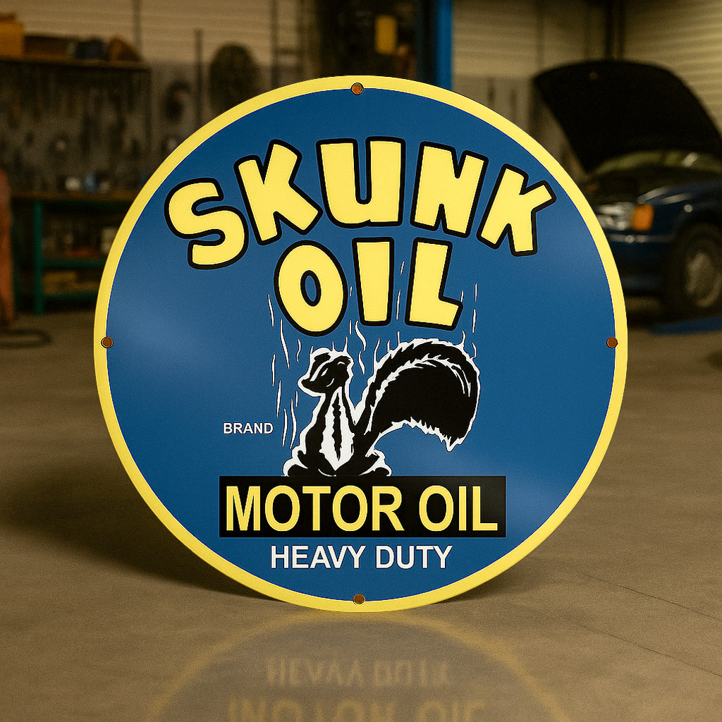 Vintage SKUNK OIL Heavy Duty Motor Oil Round Heavy Metal Sign XL - 19.7\