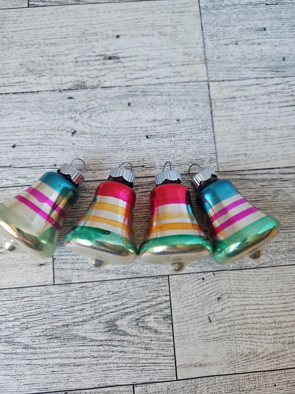Lot 4 Vtg Shiny Brite Bell Ornaments  Silvered Stripes Bell Shaped Decoration 
