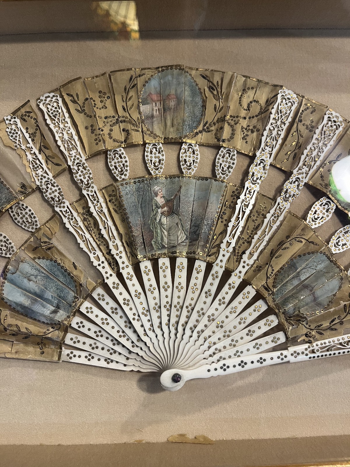 1700\'s hand painted french fan with sequins in shadow box (RARE)