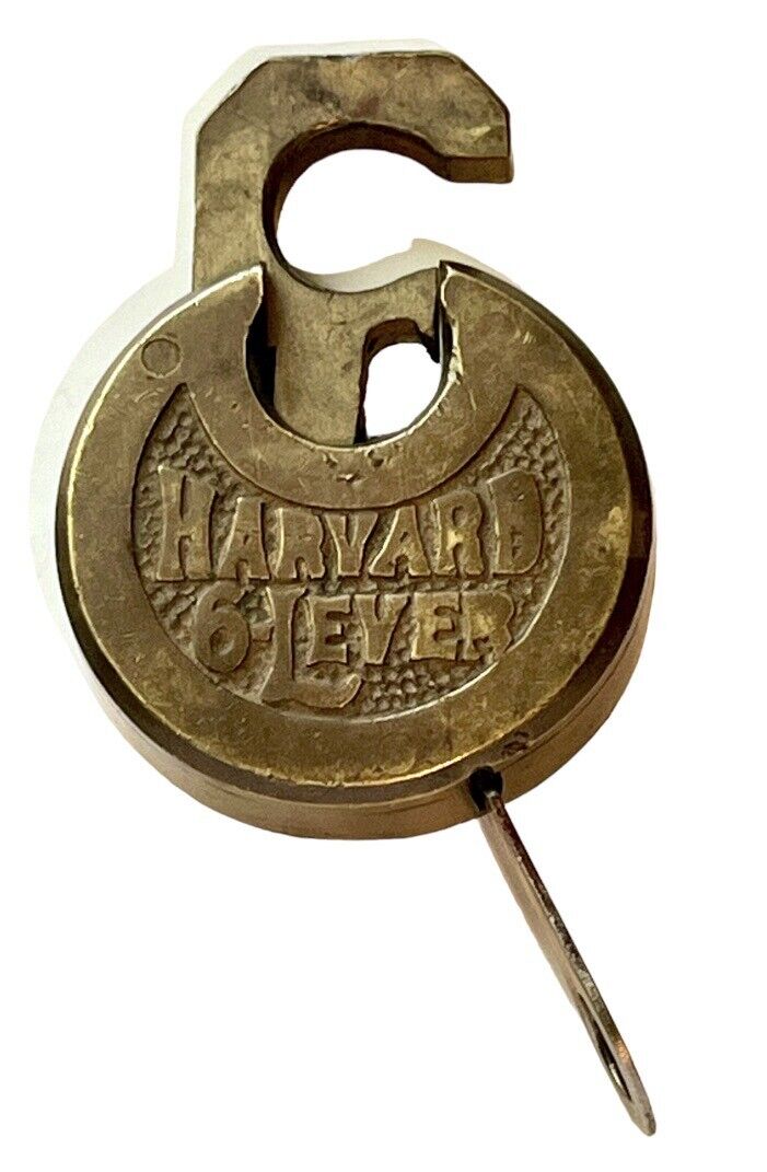 HARVARD Antique/Vintage 6-Lever Push Key Pancake Padlock Works Has Key