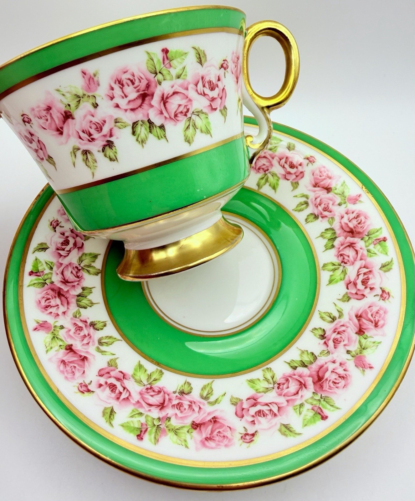 Vintage Adderley England Pink Rose Floral Green Band Gold Cup & Saucer; Teacup
