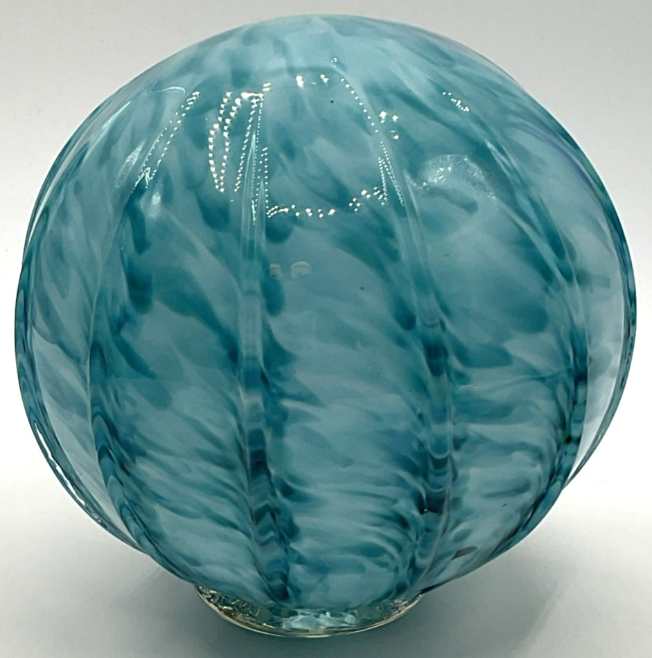5-inch Hand Blown Blue Art Glass Float Beachy Coastal Footed Base Swirl Ribbed