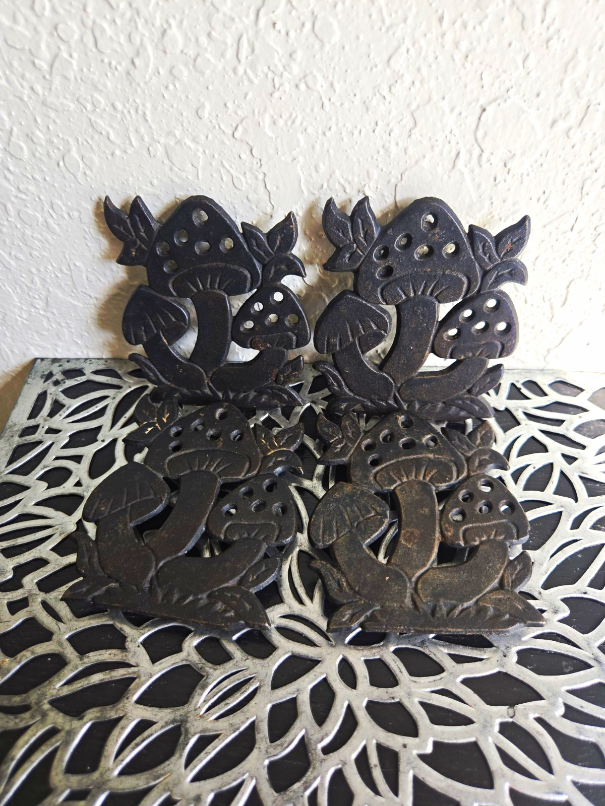 Set of 4 Mushroom Cast Iron Cast Metal Trivets, Black, Marked \