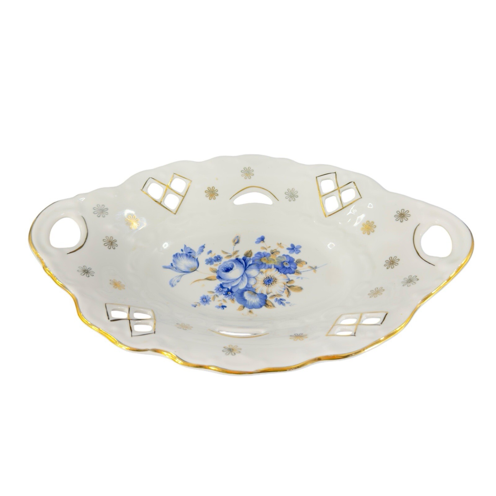 Vintage Apulum Fine Romanian Porcelain Dish Bowl With Handles Blue Flowers VTG Vintage Apulum Fine Romanian Porcelain Dish Bowl With Handles Blue Flowers VTG