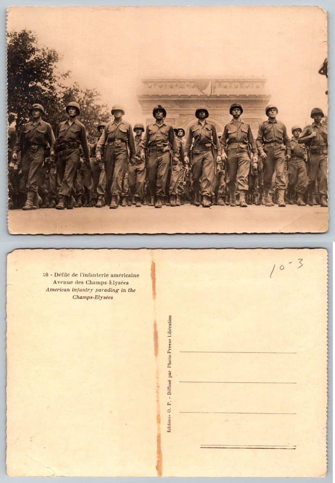 Continental American Infantry Parade Arc de Triomphe Champs-Élysées Postcard Continental American Infantry Parade Arc de Triomphe Champs-Élysées Postcard