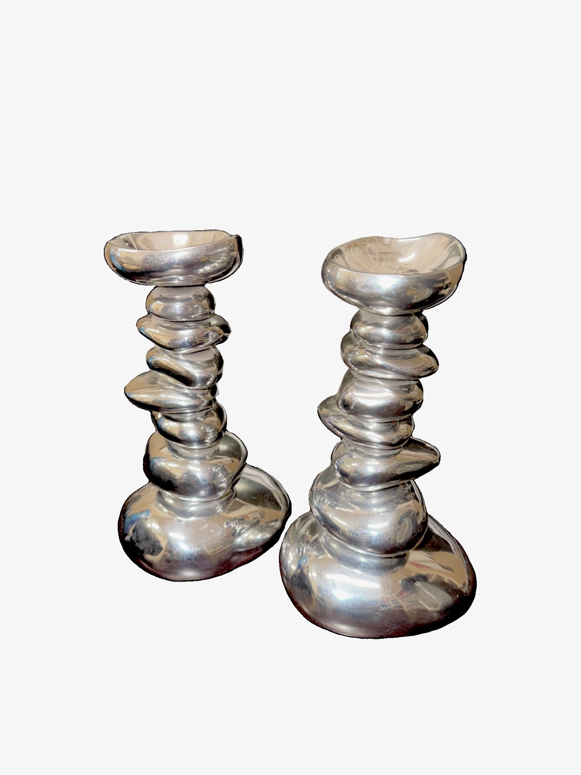 Vtg Michael Aram 2 Candle Holders Stacked River Rocks Silver Sculpture 7.75