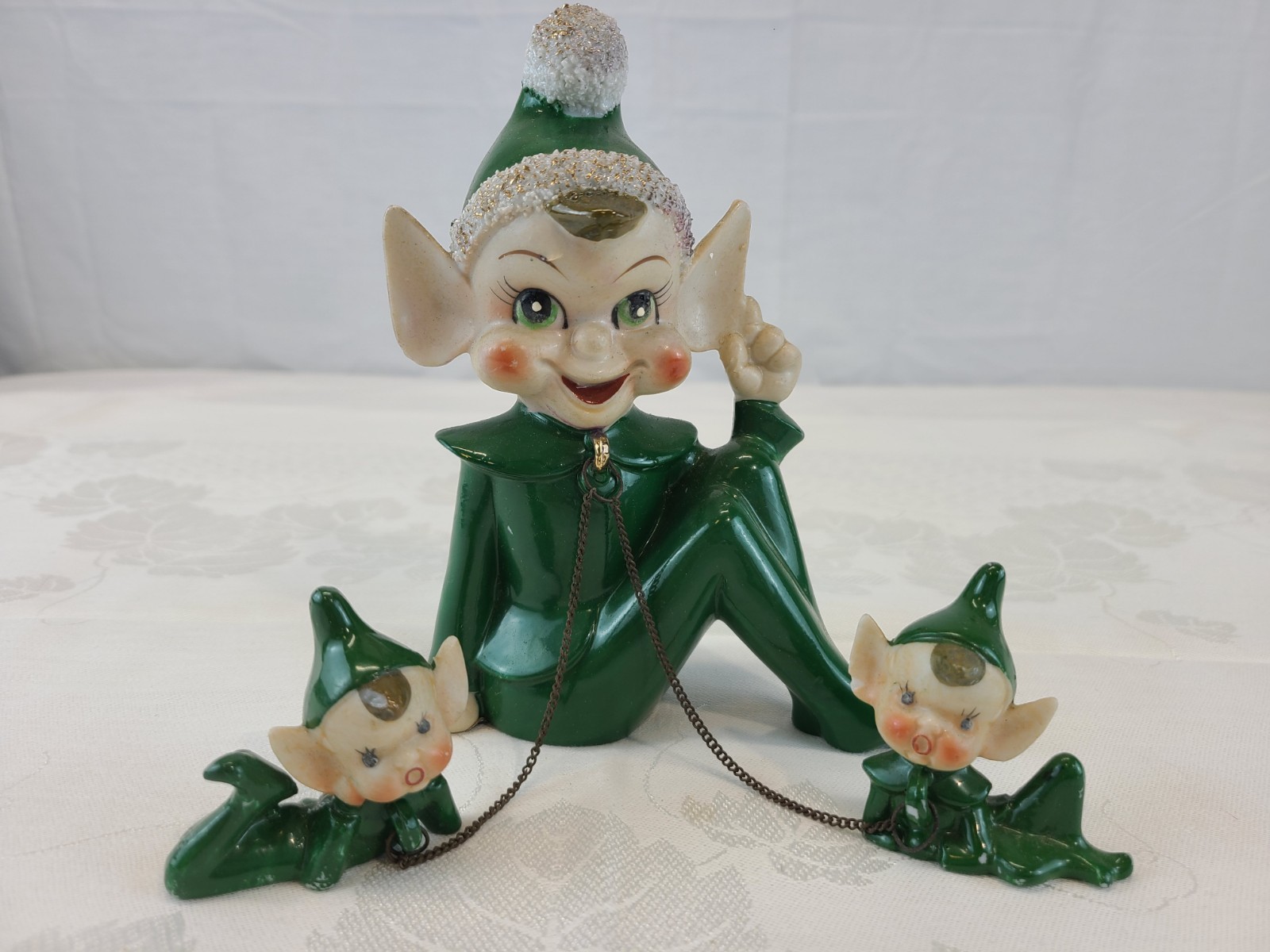 Vintage Arnart Pixie Elf Japan Spaghetti Trim Pixiware Chain Baby RARE Christmas