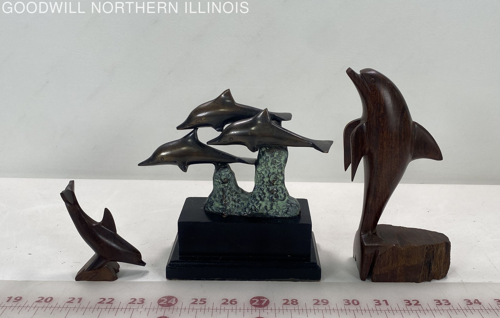 Lot of 3 Dolphin Figures Wood & Metal, Dolphin School & Solo