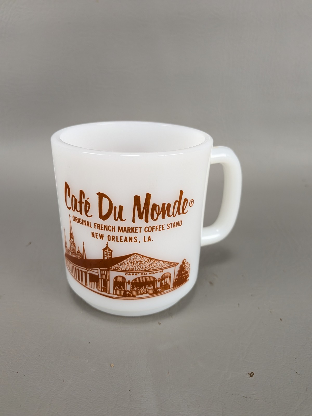 Vintage Café Du Monde Milk Glass Coffee Cup Mug 8 oz Glasbake New Orleans 1980s