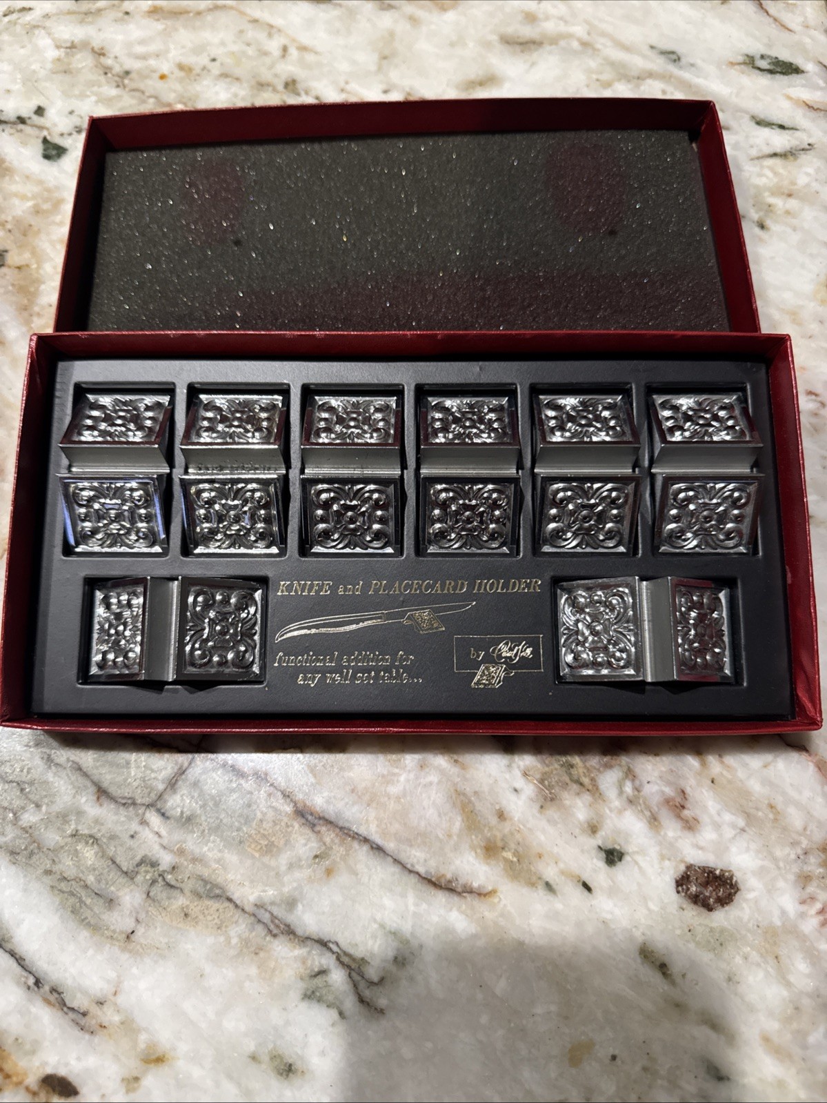 Carvel Hall silver-tone knife rests or placecard holders 8 Holders Vintage