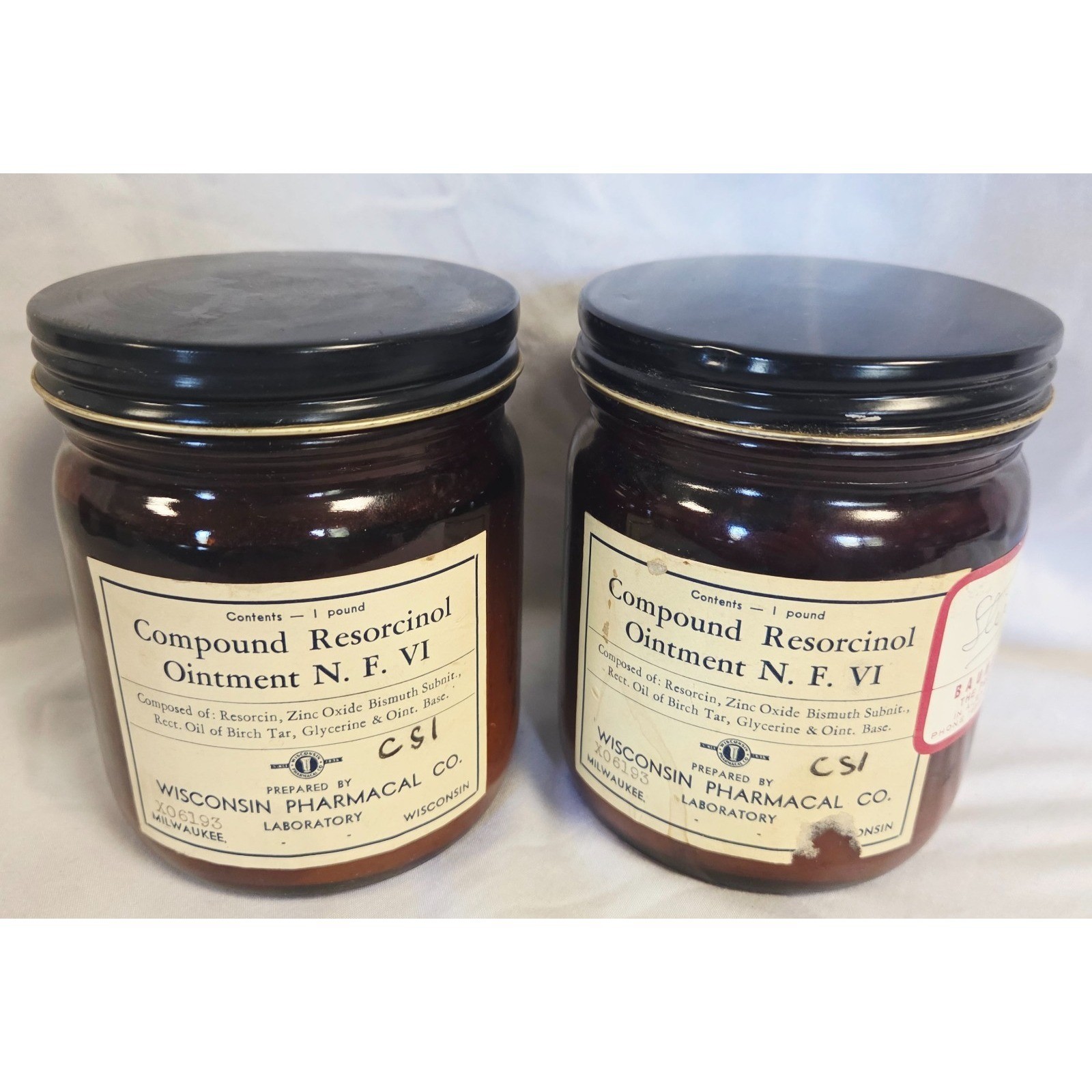 Vintage Wisconsin Pharmacal Apothocary Jars Compound Resorcinol Ointment -2 jars