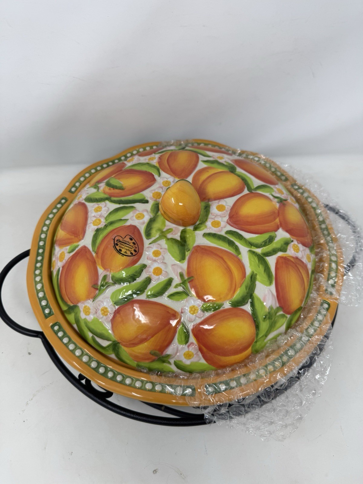 temptations peach pie plate NEW retired VERY RARE oven safe with rack n cover
