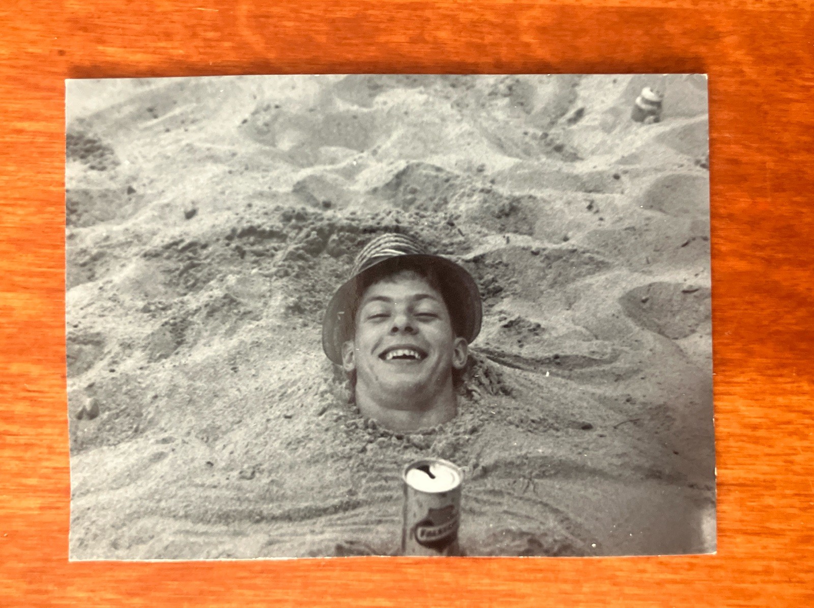 Tiny Vtg Found Photo Man Buried In Sand Beach 3 x 2