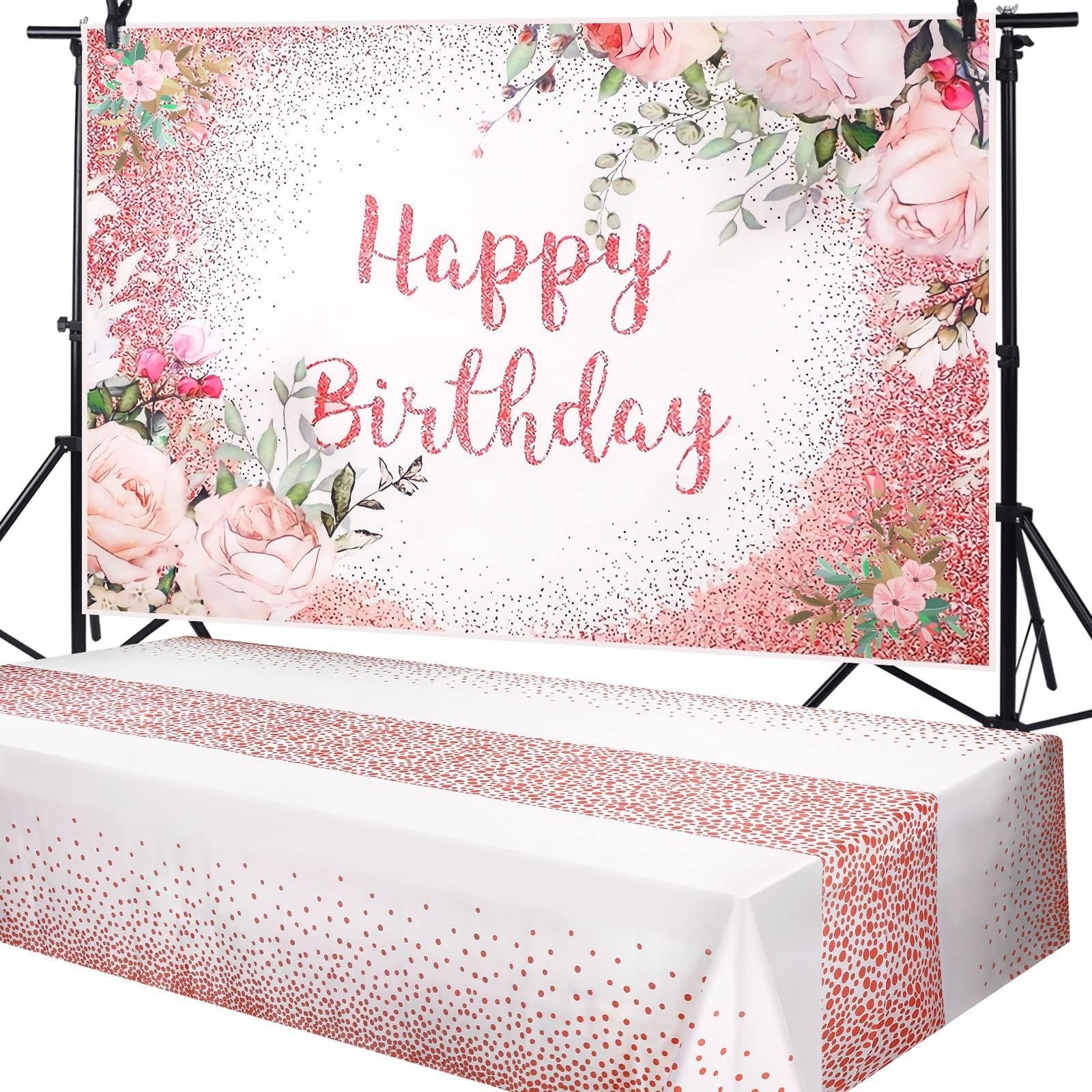 Breling 2 Pcs Pink Floral Happy Birthday Backdrop Banner for Women Girls, Ros... Breling 2 Pcs Pink Floral Happy Birthday Backdrop Banner for Women Girls, Ros...