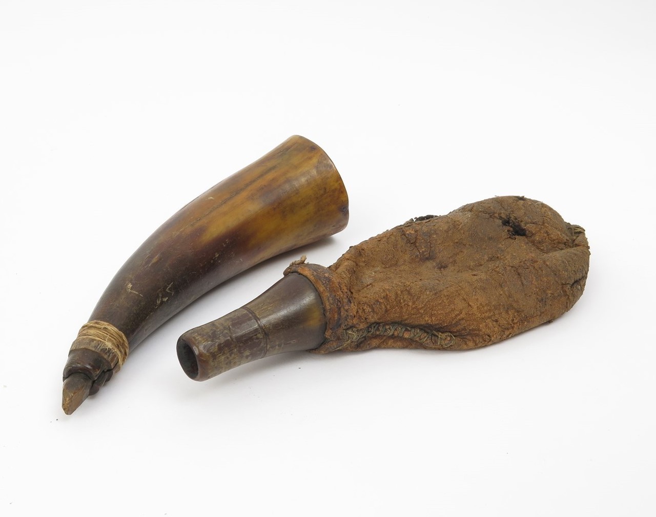 Antique Early 1800's Powder Horn and Animal Pelt Shot Pouch