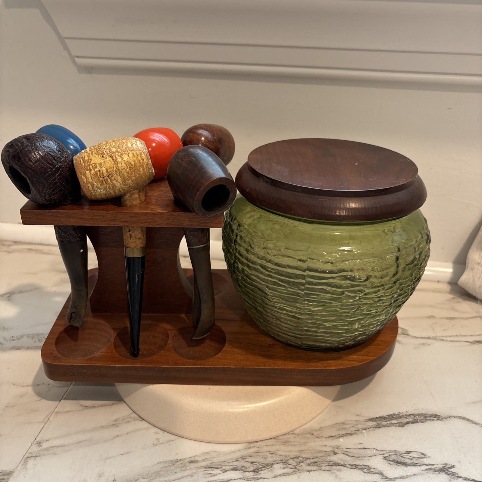 Vintage National Pottery Six Tobacco pipe Holder W/ Glass Beehive Jar & 6 pipes
