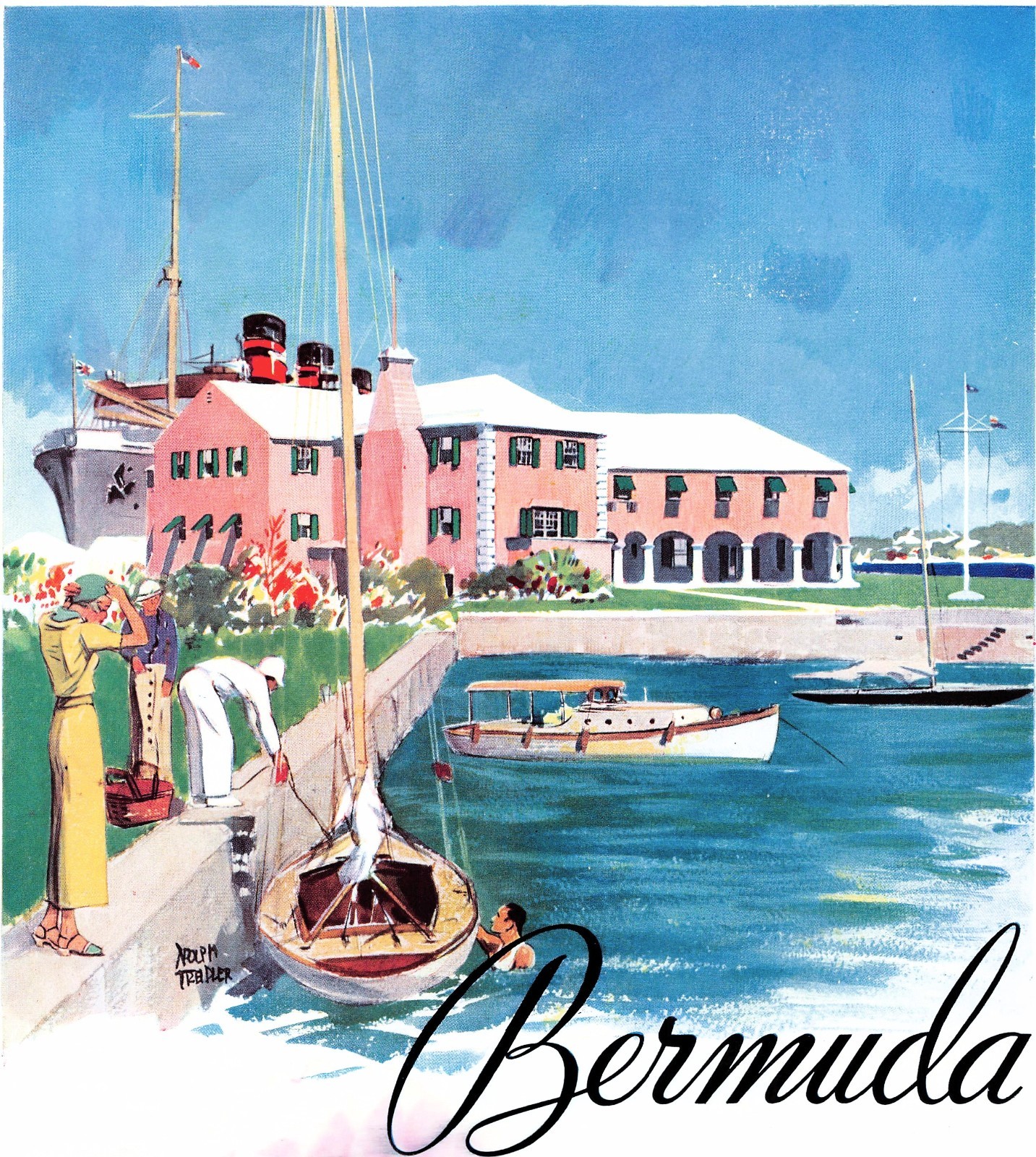 Bermuda Harbor by Artist Adolph Treidler Travel Art 1935 Vintage Magazine Image