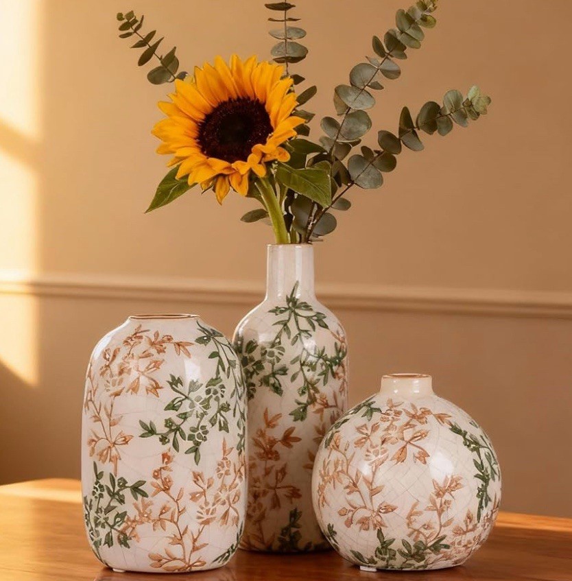 3 Piece Vintage White Brown Green Round Vase With A Glazed Crackle Finish