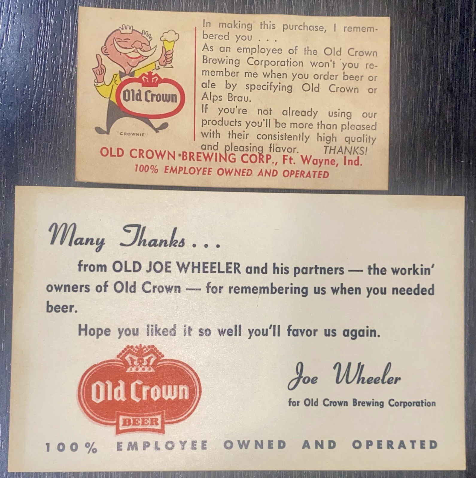 Thank You Cards for Purchasing Beer from Old Crown Brewing Co. Fort Wayne, Ind.