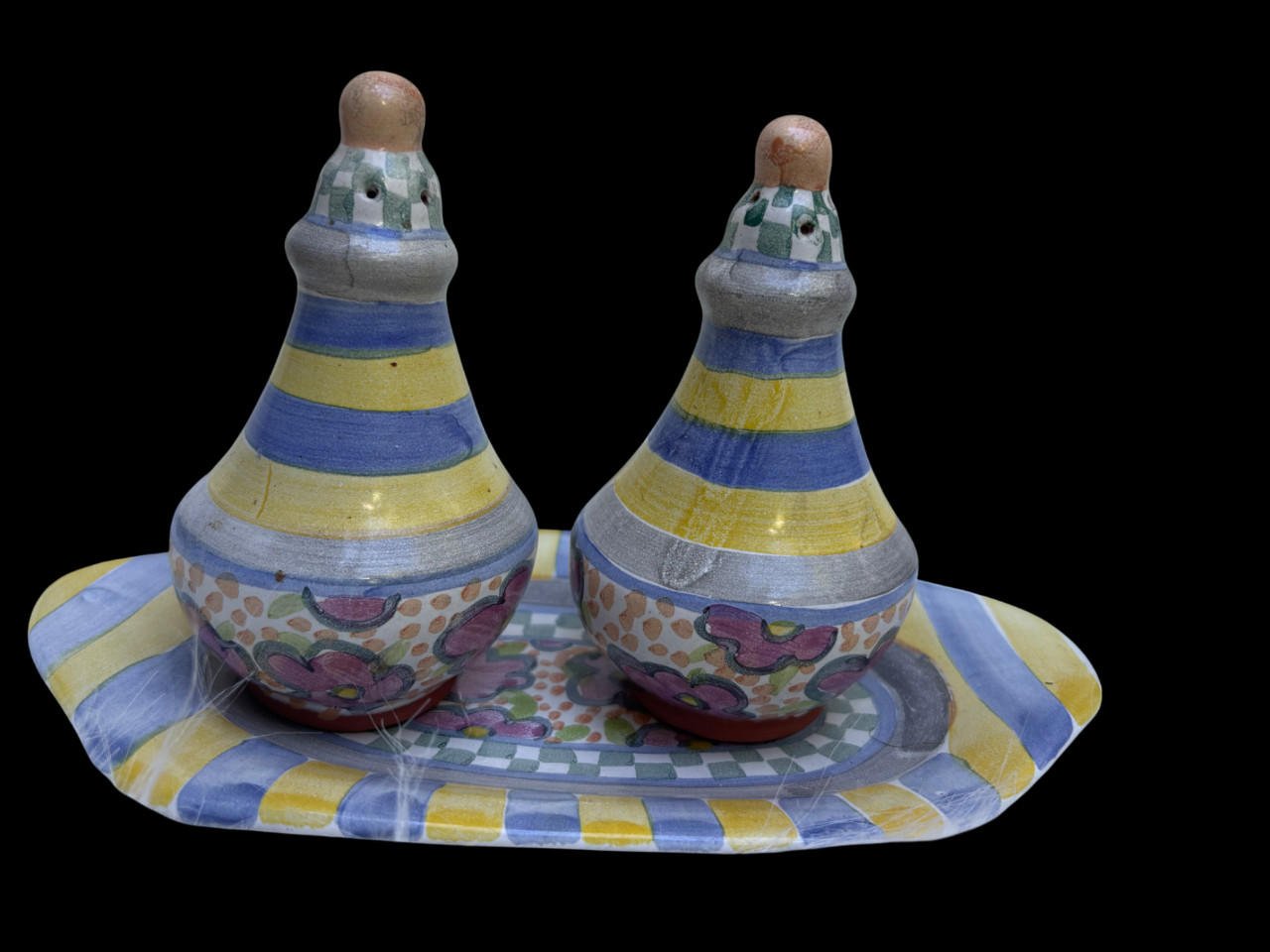 Mackenzie Childs Myrtle Salt & Pepper With Tray Ceramic Excellent  Condition
