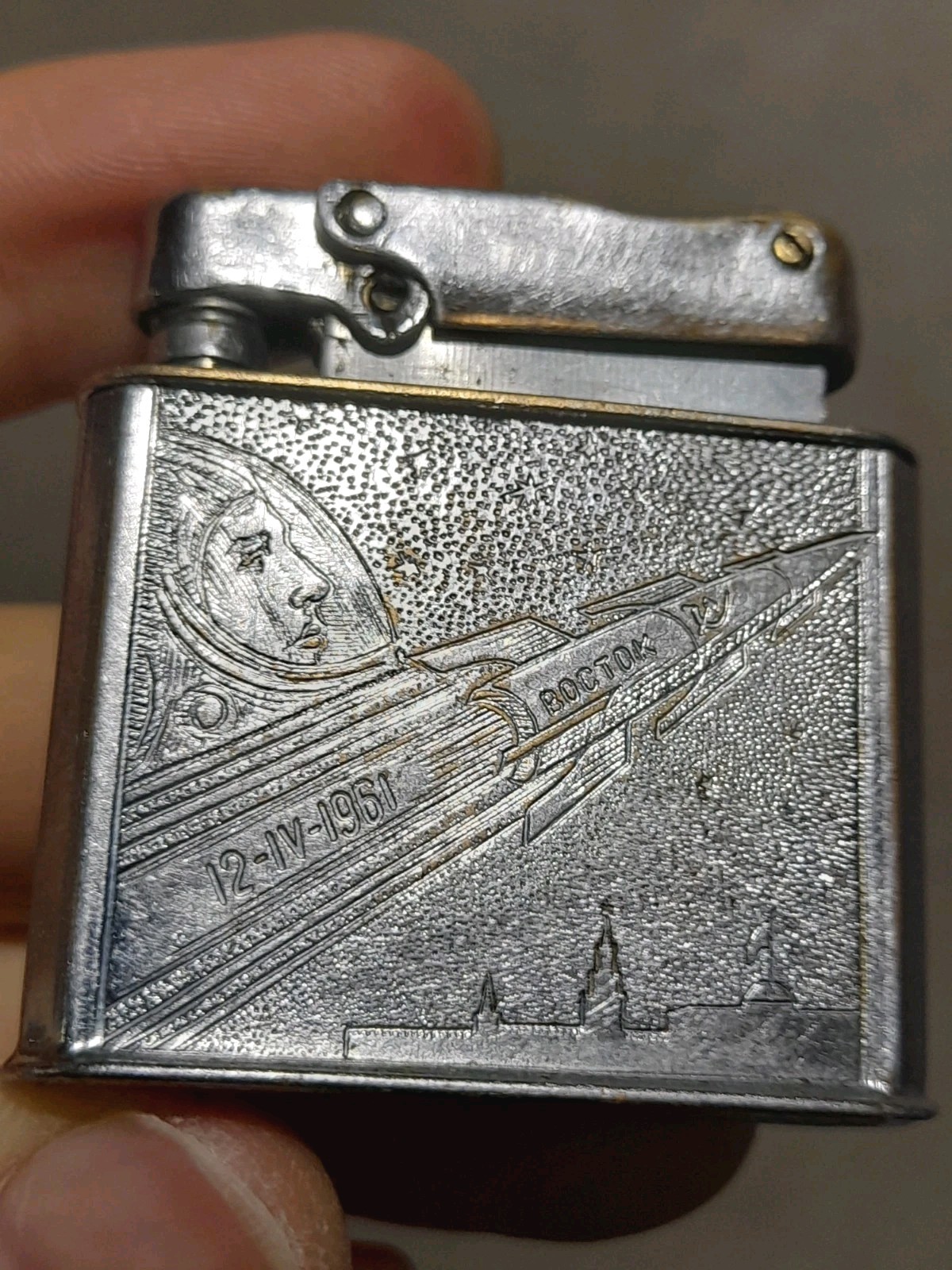 Vintage Soviet Gasoline Lighter Vostok 12-IV-1961 Space Rocket USSR Yuri Gagarin