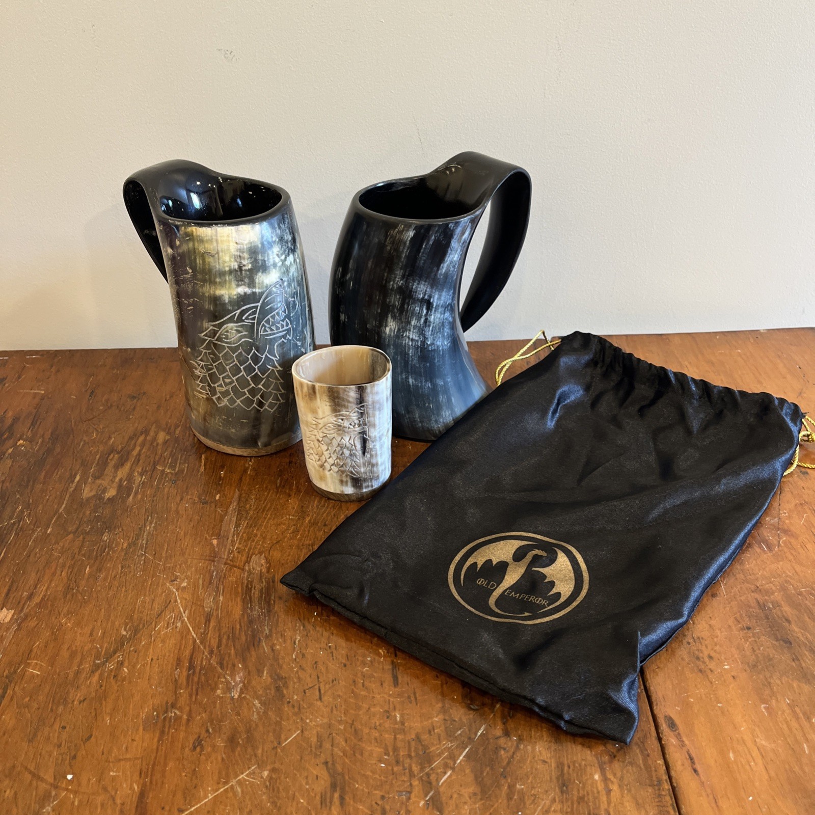 Viking Culture Tankered Wolf Design Mug And Glass, Lot 3, Carved Horn, NWOT Viking Culture Tankered Wolf Design Mug And Glass, Lot 3, Carved Horn, NWOT