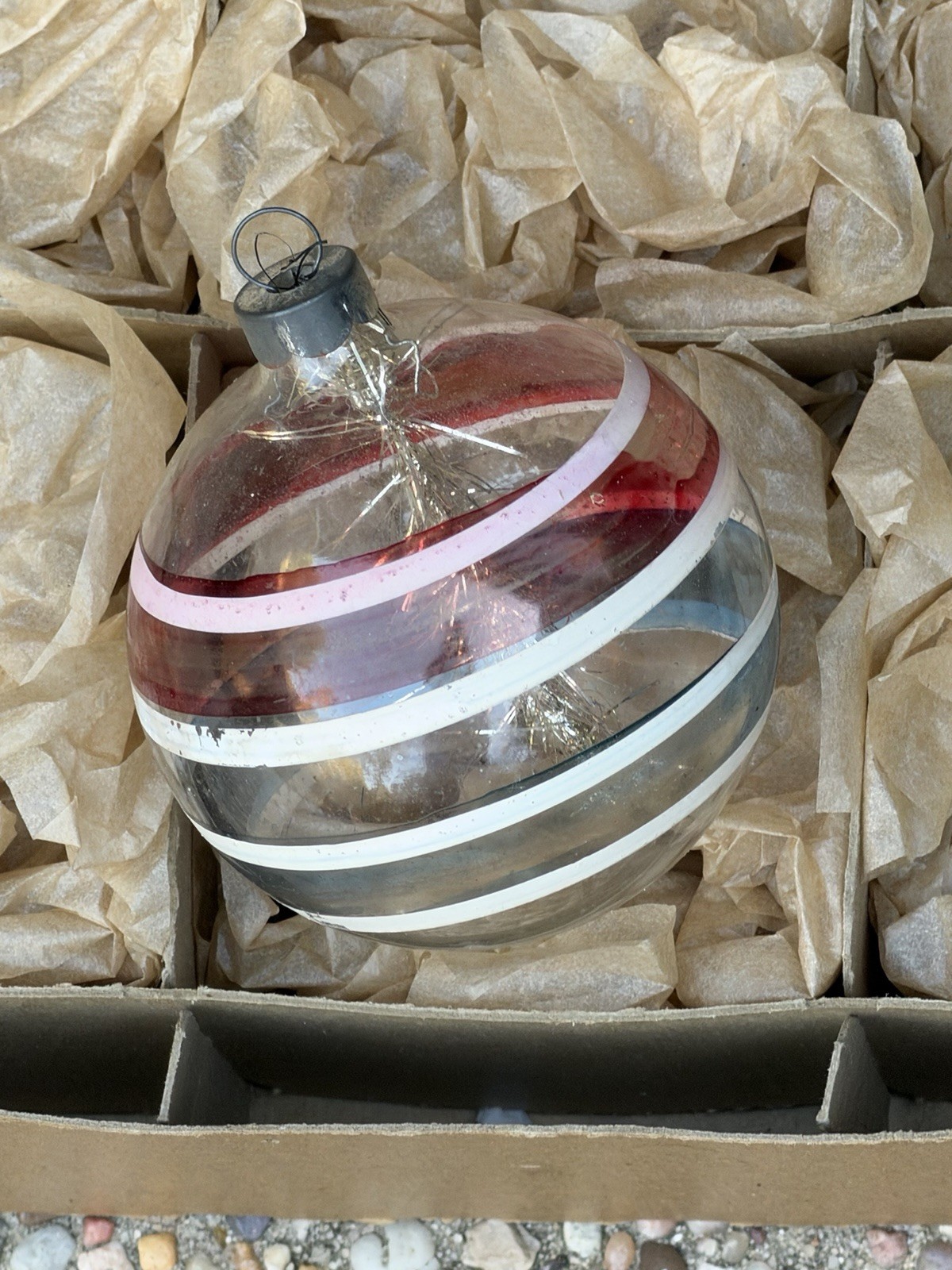 Vintage Corning Made In US Of A Stripe Unsilvered Tinsel Glass Ornament
