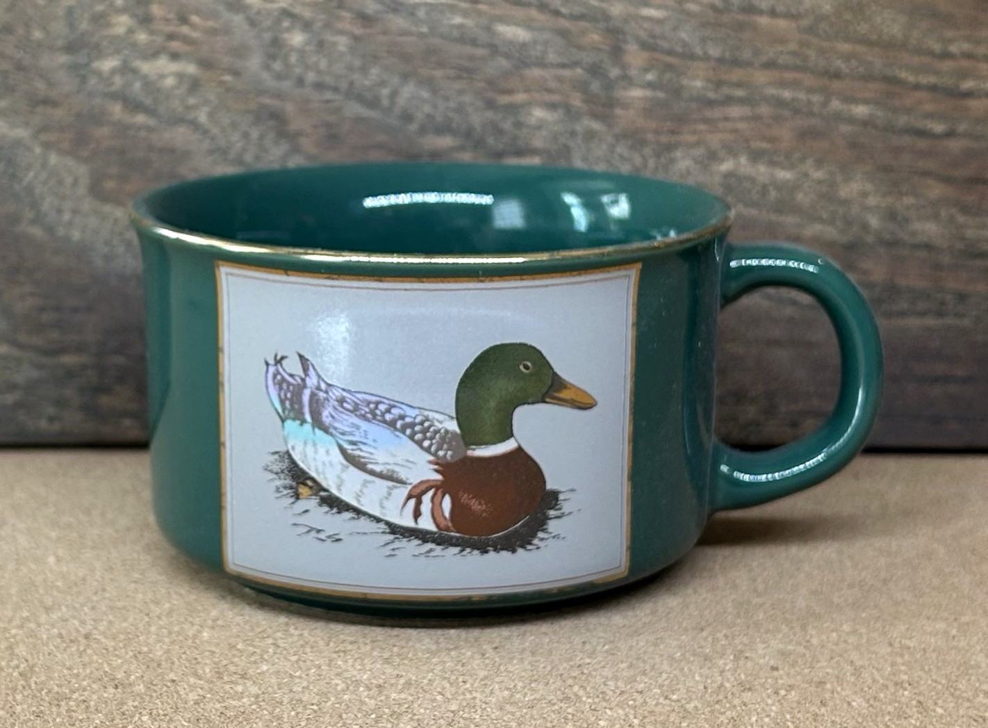 Mallard Duck Soup Mug Otagiri Japan Dark Green Gold Trim Vintage Jumbo Cup