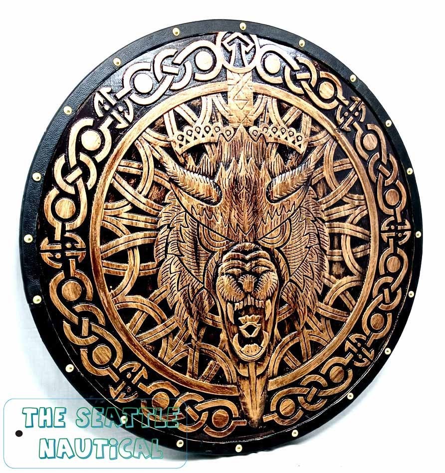 24'' Fenrir Wolf Carved Wooden Viking Shield Battle-Worn Shield Wall Décor Gift 24'' Fenrir Wolf Carved Wooden Viking Shield Battle-Worn Shield Wall Décor Gift