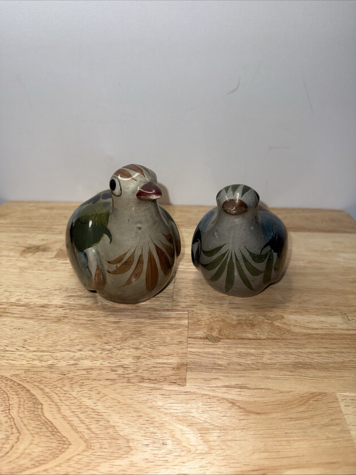 Tonala Pottery Birds Gray Blue Green Signed Mexican Folk Art Figurines Set of 2