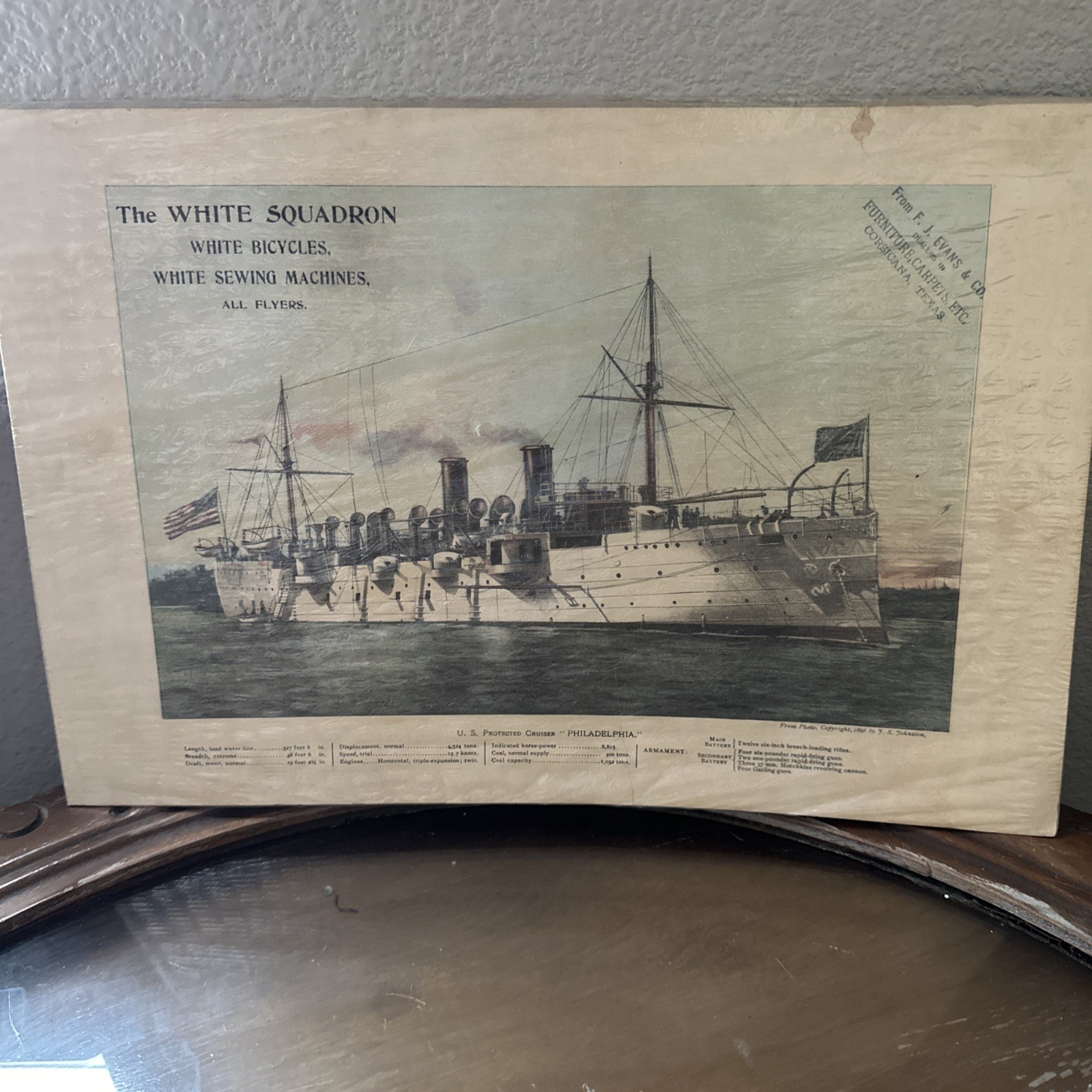 Vtg 1890s The White Squadron Navy Ship Print Ad F J Furniture Corsicana Texas