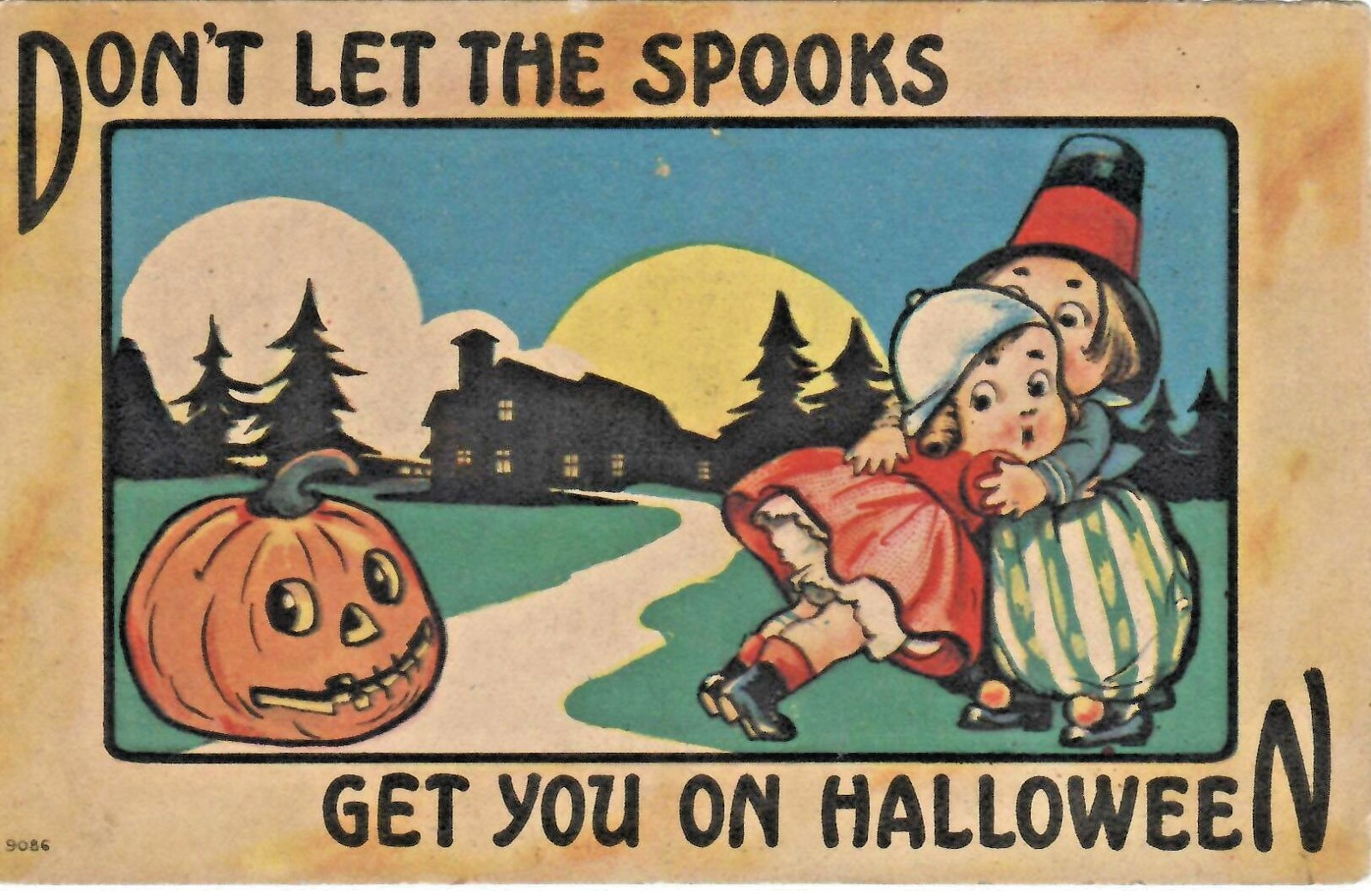 Halloween Postcard Bergman No 9086, Jack o Lantern Spooks Two Children (c) 1913 Halloween Postcard Bergman No 9086, Jack o Lantern Spooks Two Children (c) 1913