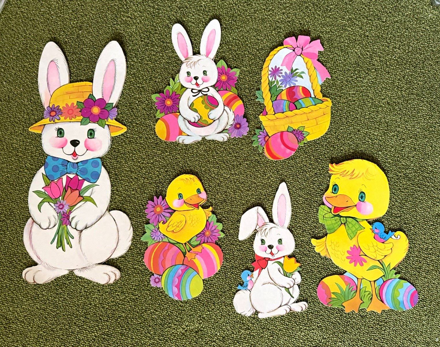 Vintage Easter Die Cuts Lot of 6 Cardboard Wall Decor Bunnies Ducklings 70s NOS