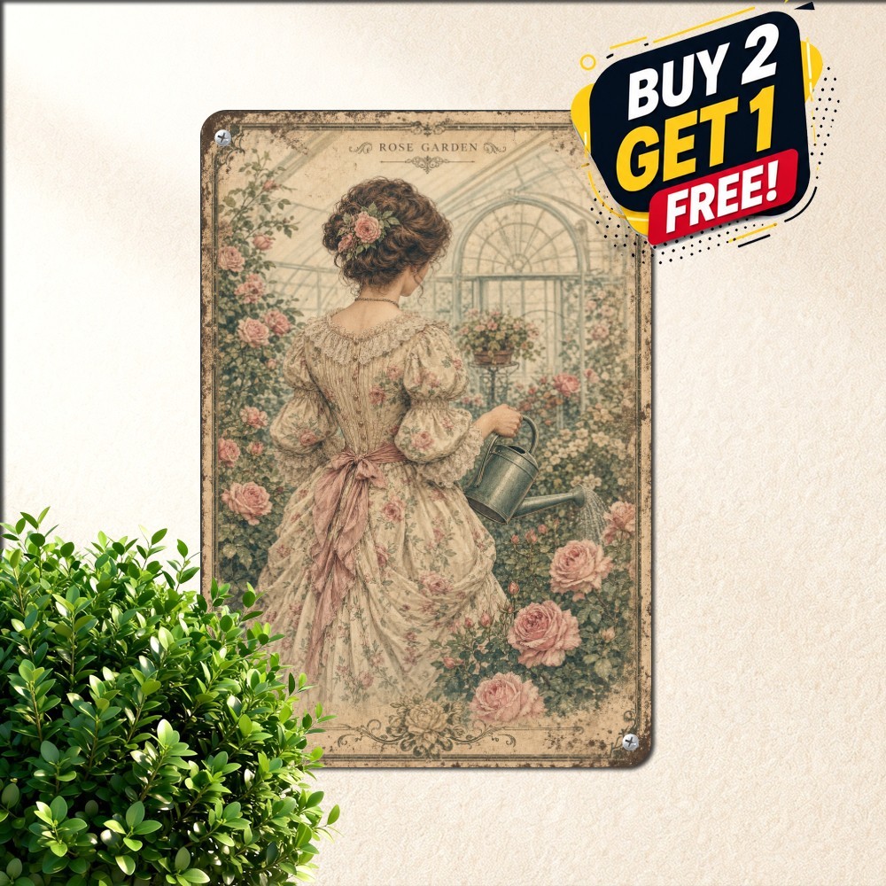 Victorian Woman With Roses Sign Classic Fine Art Portrait Metal Tin Plaque