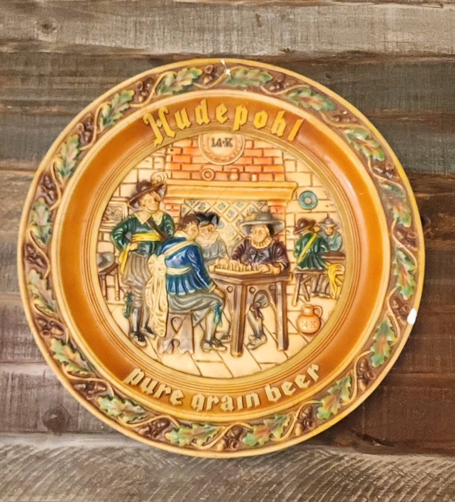 Vintage Hudepohl Pure Grain Beer Chalkware Ceramic Plate Platter Tray 21\