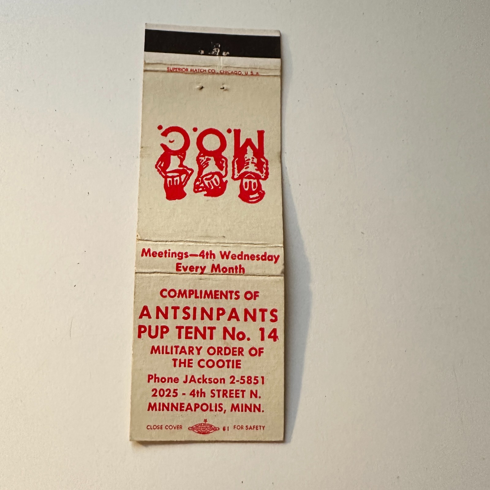 Military Order Of The Cootie Minneapolis MN Vintage Matchbook Cover 5MB125-3