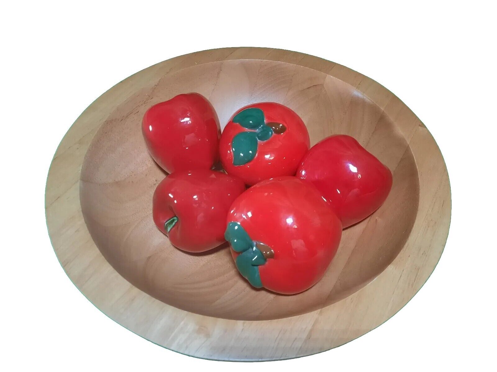 13 Inch wooden bowl, 5 Ceramic Red Apples, Ventage 
