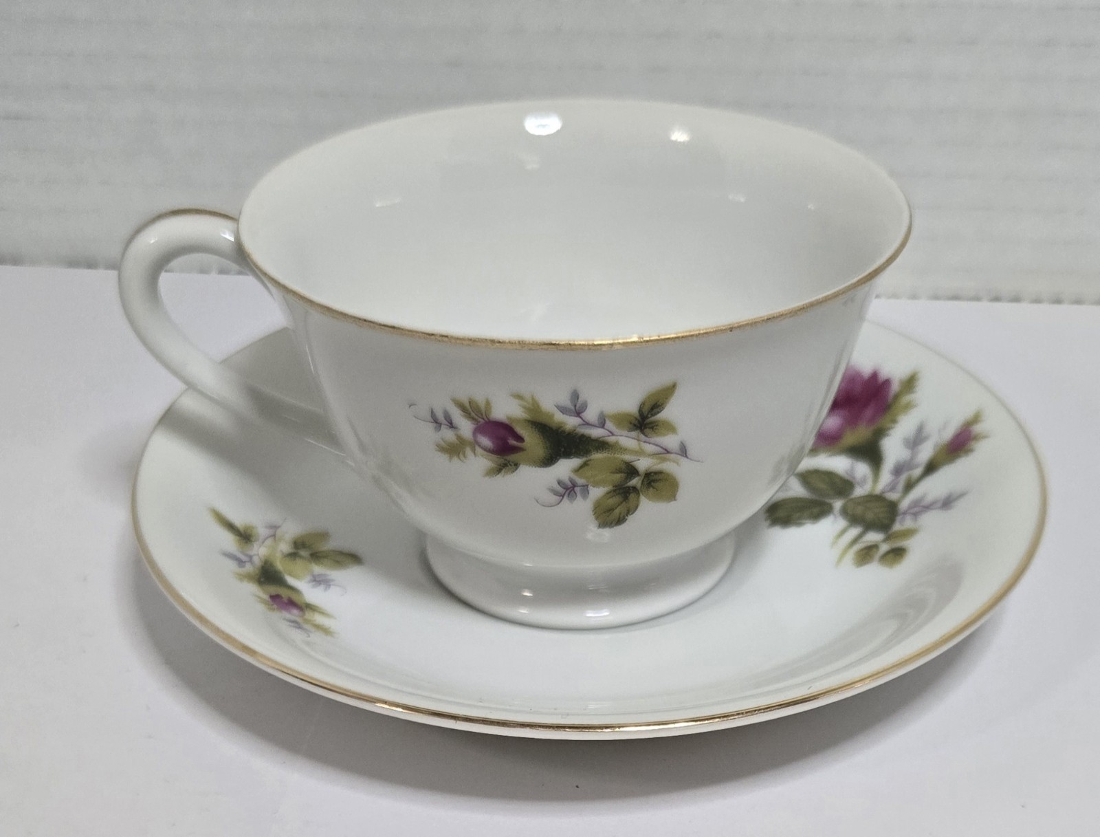 50s Vintage Thames Fine China Moss Rose Porcelain Footed Teacup & Saucer Set HTF