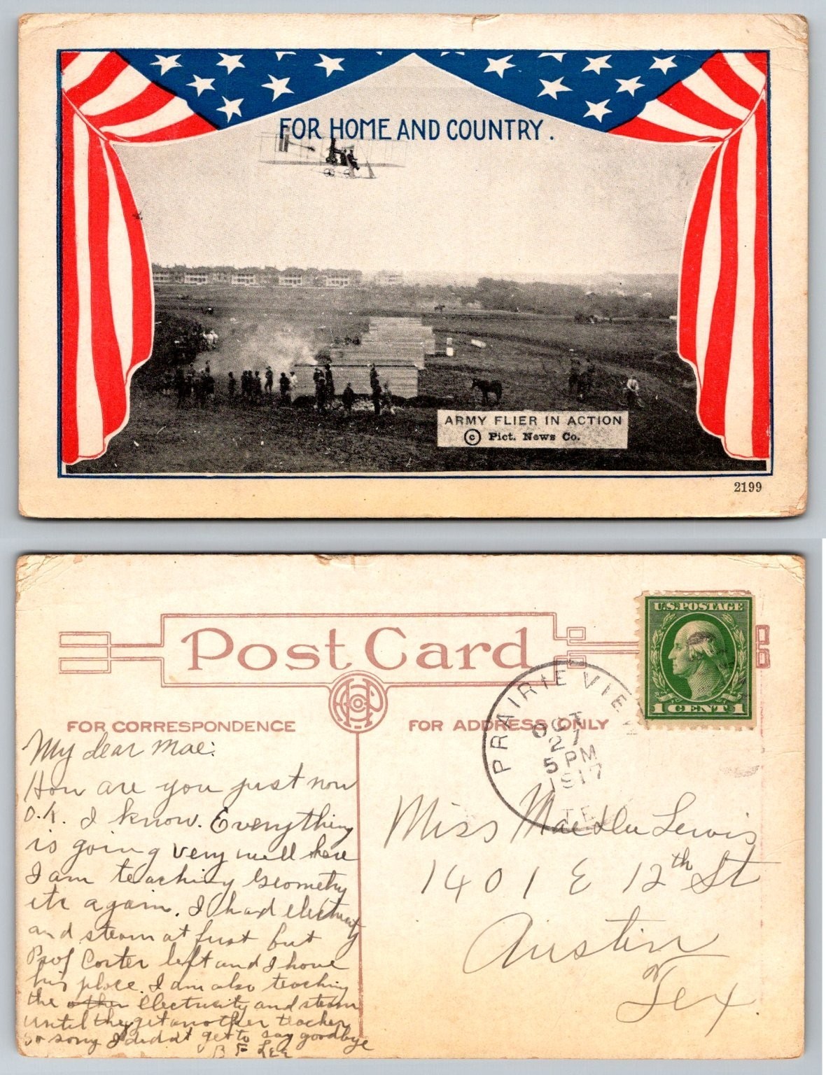 Vintage 1917 WWI Era Army Flier Biplane Patriotic Postcard Prairie View TX